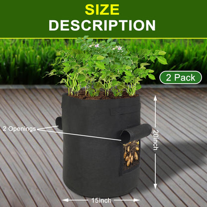 SORANGEUN 2-Pack 15-Gallon+2-Pack 20-Gallon Grow Bags with 2 Flaps and Reinforced Handles,Non-Woven Potato Grow Bags, Thickened Aeration Fabric Pots for Potatoes, Tomatoes, Flowers, and Vegetables