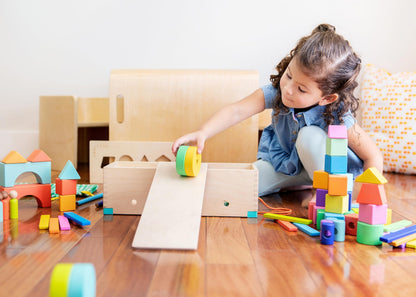 LOVEVERY | The Block Set | Solid Wood Building Blocks and Shapes + Wooden Storage Box, 70 Pieces, 18 Colors, 20+ Activities, Toddler Block Set and Converts into a Pull Car, Ages 12 to 48+ months
