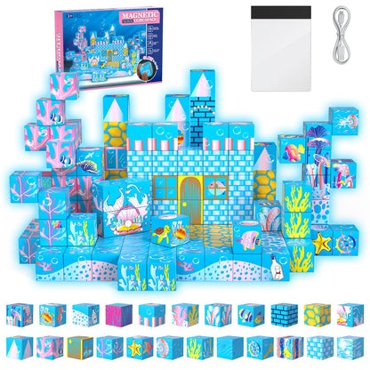 Chodia Magnetic Building Blocks-135 PCS Growing Ocean Magnet Cubes Tiles with USB Light Panel,STEM Sensory Construction Toys Set Christmas Birthday Gifts for Kids Boys Girls Toddlers Ages 3+,4-8,6-8