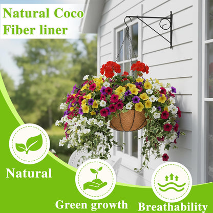 EIMQUVW 4 Pack Hanging Planter Basket Outdoor Large Hanging Flower Pots Indoor 12 inch with Coco Coir Liner Round Wire Plant Holder Chain Hanging Basket Garden for Home Decor Balcony Office1