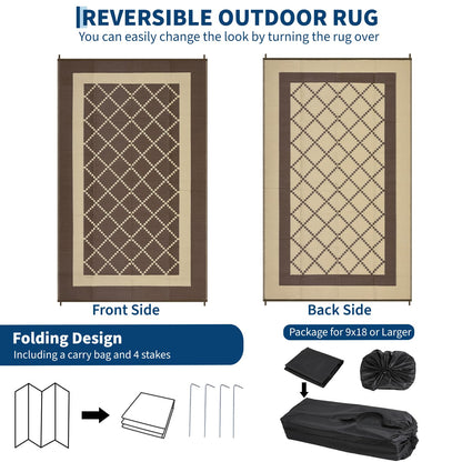 IDEALHOUSE Outdoor Rug, 320GSM PP Plastic Straw Mat, Modern Cross Grid Pattern, Waterproof Breathable Floor Mat, Lightweight Foldable Carpet for Patio Camping RV Backyard, Russet Brown, 9x18ft