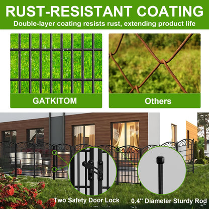 12 Panels No Dig Decorative Garden Fence with Gate, GATKITOM 31.3in(H) x 26ft(L) Rustproof Animal Barrier Metal Dog Fence Outdoor for Yard, Patio, Temporary Garden Fencing with Ground Stakes