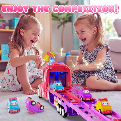 Hot Bee Girls Toy Car Set with Unicorn Toys Truck - 6 Princess Cars & 2-Player Fold Out Track with Light & Sound - Friction Power Car Toys Birthday Gifts for 3, 4, 5, 6, 7 Year Old Toddler Girl