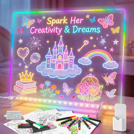 Lumiboard Led Drawing Board with 8 Colors, 13"x10" Acrylic Dry Erase Board with 13 Light Effects, Glow Doodle Board Gifts for Kids for Easter Halloween Christmas Birthday Gifts Presents, 14 Pens
