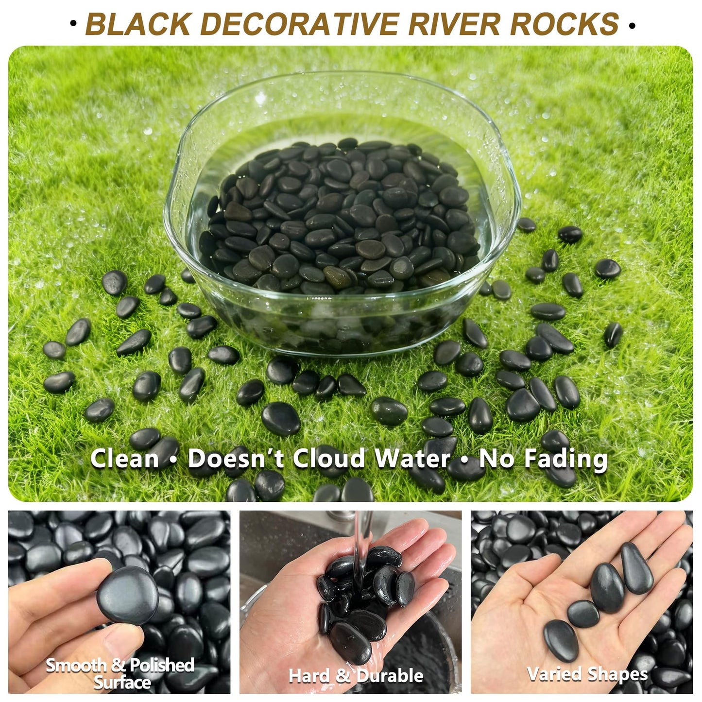 Garrdeen 45LB Black Polished River Rocks, 0.5–1.0 inch Decorative Pebbles for Garden, Smooth Stones for Aquarium, Fish Tank, Flower Pots, Indoor Water Fountains, Pathways & Backyard Landscaping