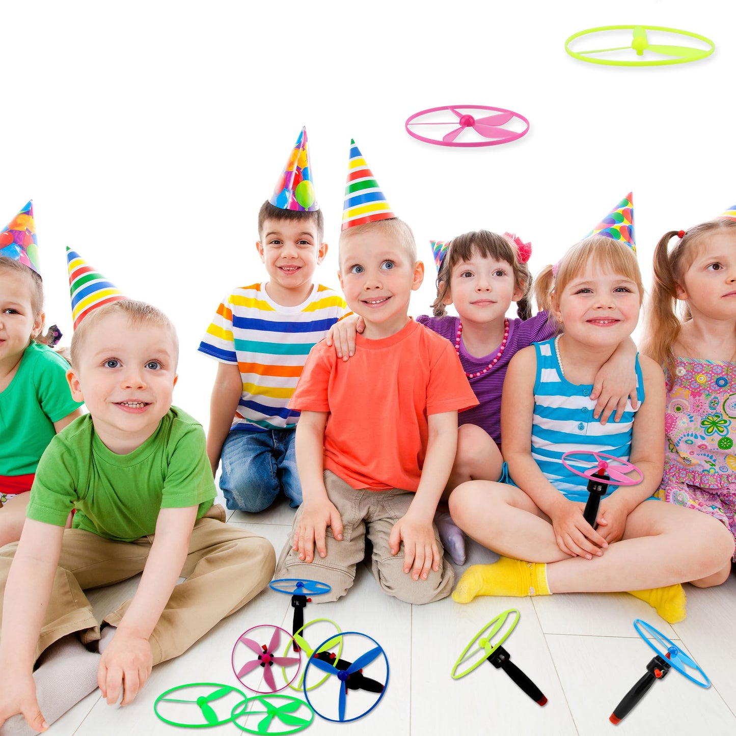 Octaday 48 Pcs Flying Saucer Flying Disc Toy Helicopter Toy Disco Flyers Include 16 String Launchers and 32 Flying Saucer for Kids Outdoor Games Birthday Favors, Random Colors