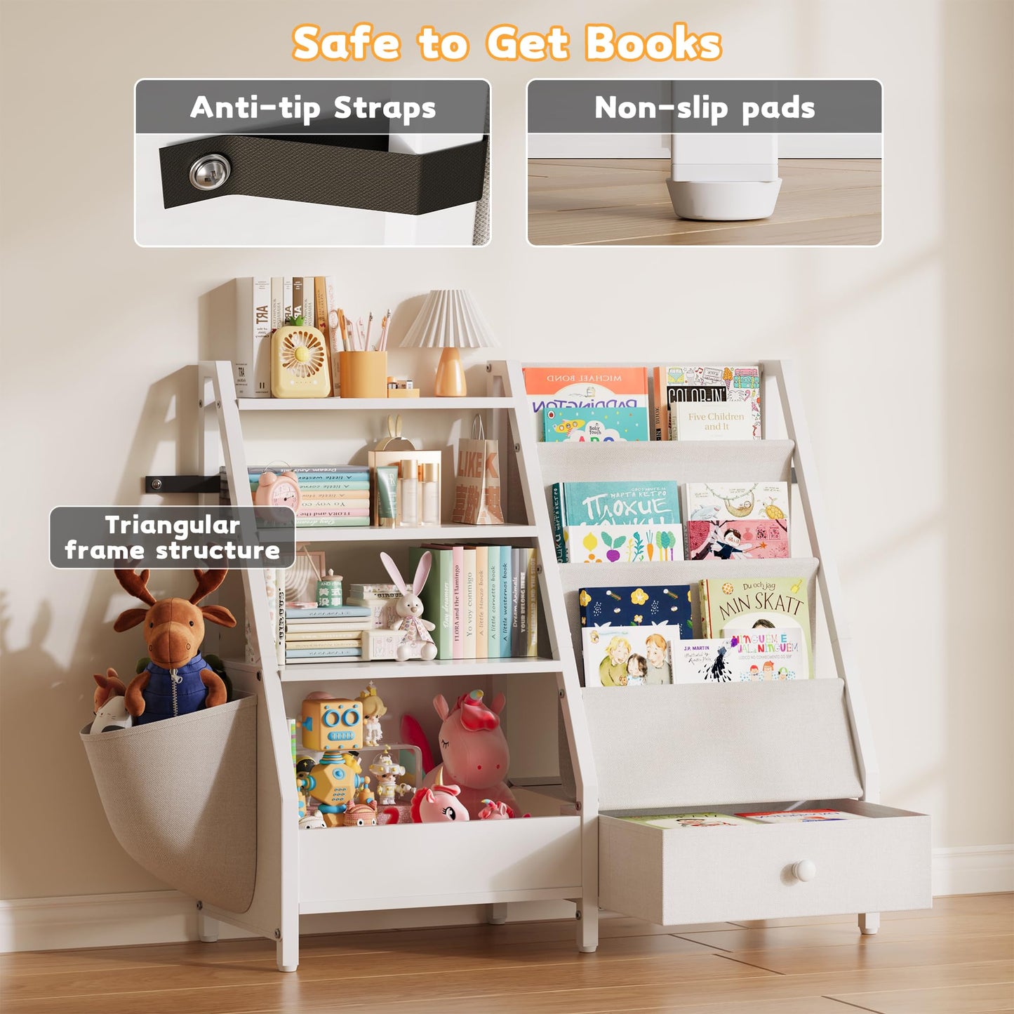 Kids Bookshelf and Toy Storage Organizer, Kids Bookcase Montessori 3 Tier Baby Toddler Sling Book Shelf with Drawer Pockets for Kids Room, Nursery, Playroom, Bedroom, White