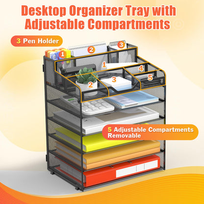 Docnest 6 Tier Mesh Desk Organizer for Paper Office Supplies – Multi-Functional Letter Tray with 5 Adjustable Compartments, 3 Pen Holders, Desktop Storage for Files, Mail, Stationery – Black