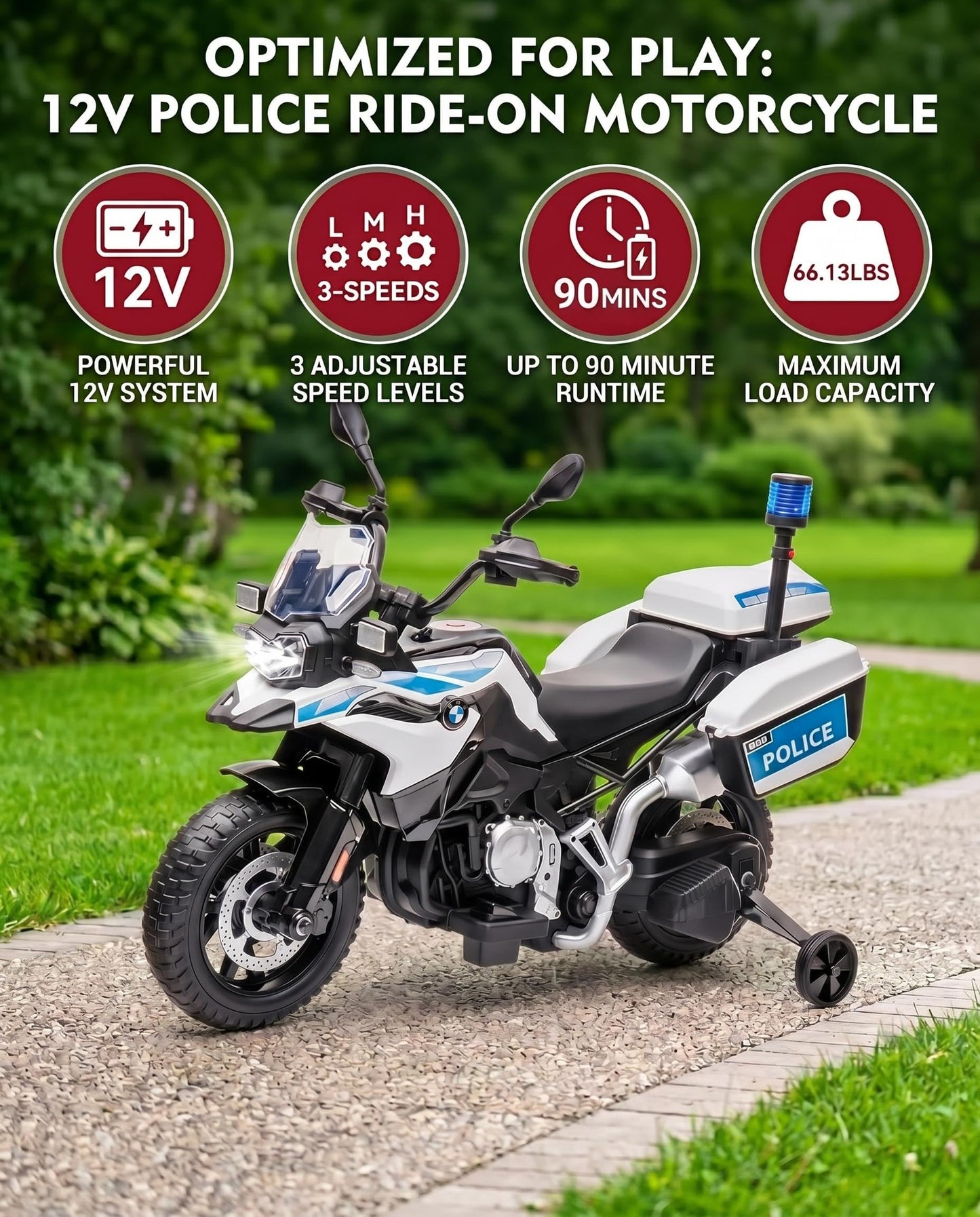 GARVEE Licensed BMW Police Motorcycle for Kids, 12V Electric Ride On Toy for Boys Girls Age 3-8, Battery Powered Motorbike w/LED Siren Lights, Music, 3 Speeds, Safety Training Wheels
