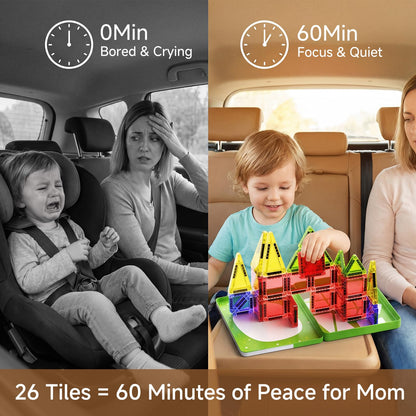 Gamcrown Travel Magnetic Tiles for Kids Car Games: 26 PCS Mini Magnet Building Blocks in Tin Box to Stop Crying - 0.64 lb Pocket Size Educational Toy - Road Trip Essentials - Boys Girls Age 3-8