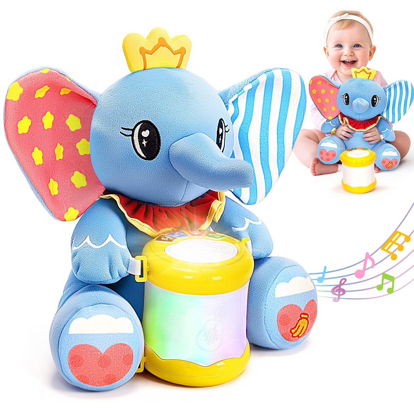 V-Opitos Stuffed Elephant Musical Toys for Baby 6-12 Months+, Early Learning Light up Music Drum, Perfect Christmas Birthday Gifts for Boy & Girl Age 1, 2 Years Old