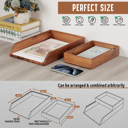 Demigo Desk Organizer Letter Tray Set of 2, Acacia Wood Tabletop Desktop for Storage Paper Letter Folders Notebooks Copy Print, Workspace Holder, Keep Stationery Saver (Brown)