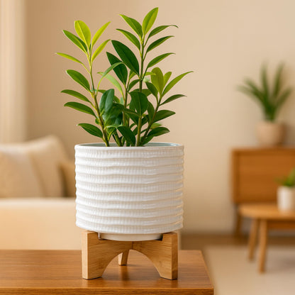 Ceramic Planter with Bamboo Stand – Modern Home Decor Indoor Plant Pot with Textured Stoneware Design – Decorative Planter with Legs for Living Room, Bedroom, Office, Patio, or Garden - 8", White
