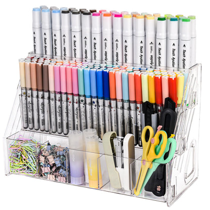 CELSOL Acrylic Pen Holder – 3 Tier 15 Compartments Vertical Storage for Markers, Pens & Art Supplies – Clear Desk Organizer for Home, School & Office – Ideal for Space-Saving & Desk Organization