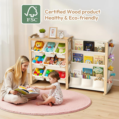 Fodoss Book Shelf for Kids Rooms - Toy Storage Organizer with Bookshelf, Solid Wood Kids Bookshelf with 7 Bins, Side Storage Pockets, Large Toy Organization for Nursery, Natural Pine