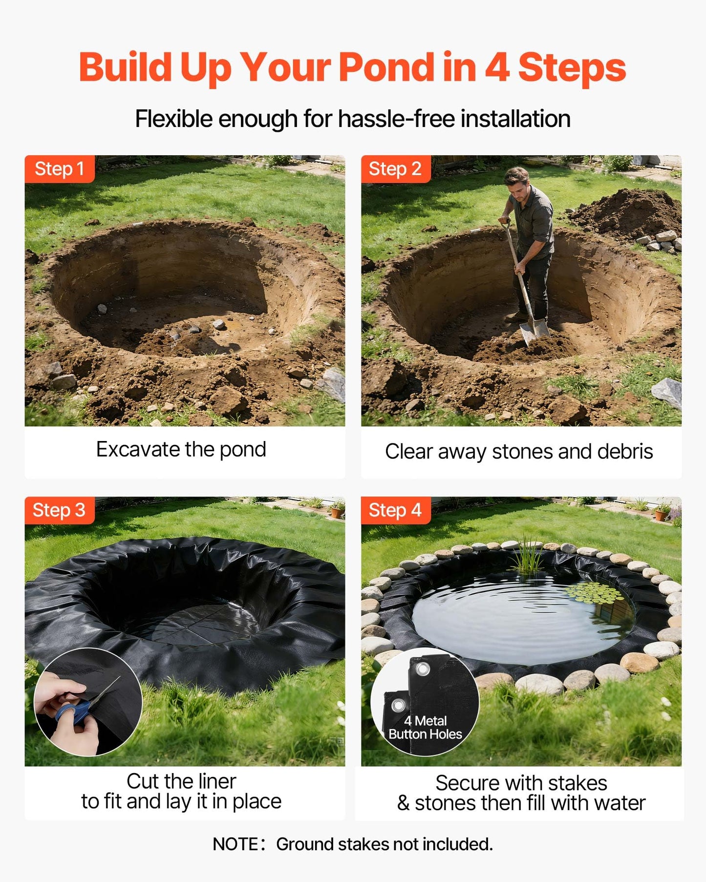 VEVOR 20 x 20 ft Pond Liner, 14 Mil Thickness, 3-Layer Reinforced PE Fish Koi Pond Liner for Outdoor Ponds, with Hemmed Edge and 4 Metal Buttonholes, for Water Garden, Waterfall, and Fountains, Black