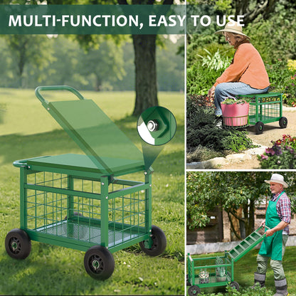 FLINTER Rolling Garden Work Seat with Wheels, Upgraded Heavy Duty Gardenning Cart with Seat - Garden Rolling Stools with Wheels for Seniors, Lawn, Patio & Backyard Gardening, Green