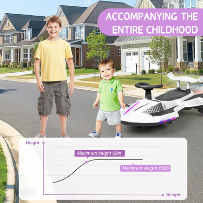 12V Electric Wiggle Car with Pedal for Kids, Rechargeable 2 in 1 Swing Car, Drifting Ride On Toys with Backrest, Anti-Rollover, Spray, Flashing Light, Music, for Ages 3 and Up (White)