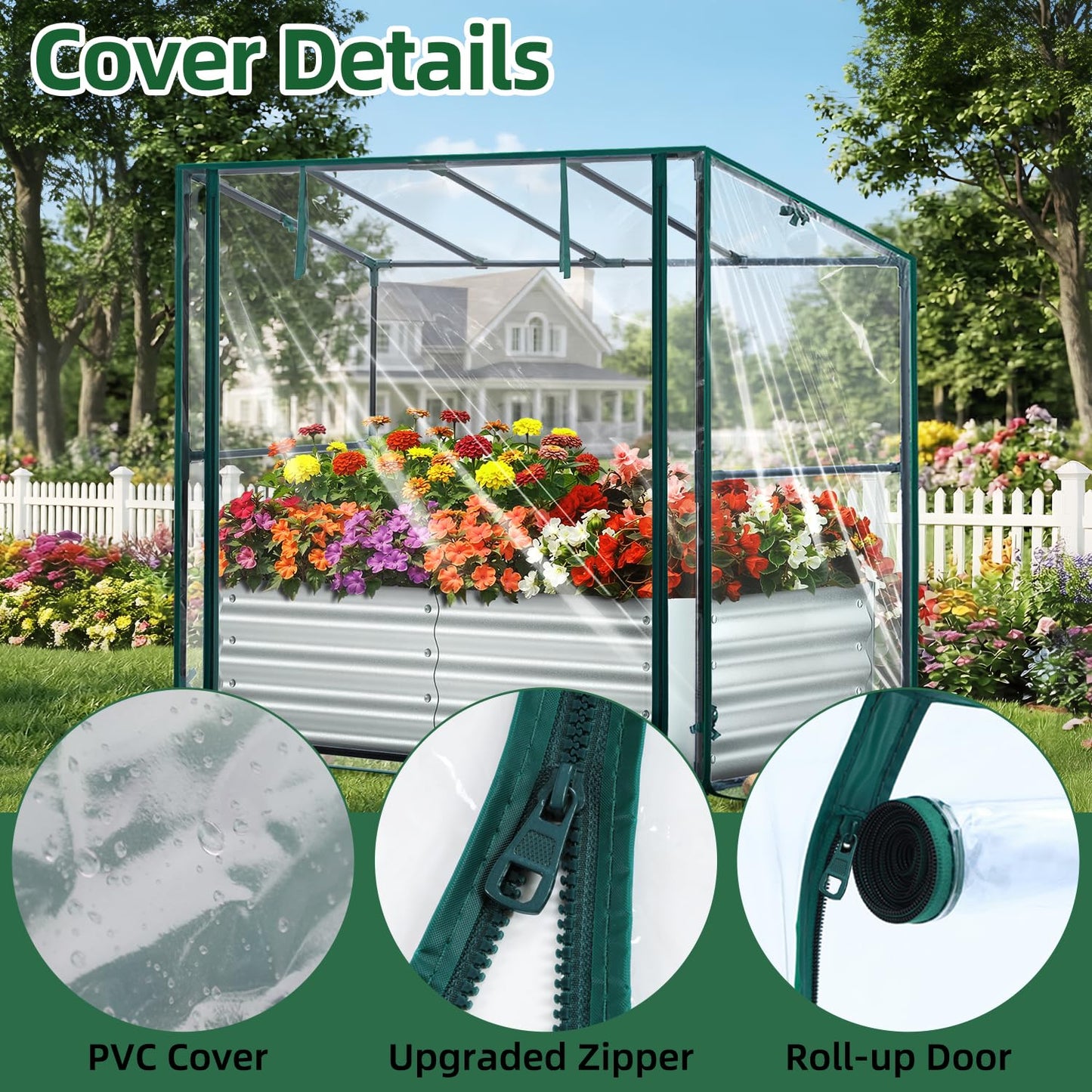 Ohuhu Raised Garden Bed with Cover Outdoor, 4x2x1 FT Galvanized Metal Planter Box with PVC Greenhouse Cover, Protects Plants from Frost Birds Insects, 3-in-1 Gardening Set for Vegetable Flower Herb