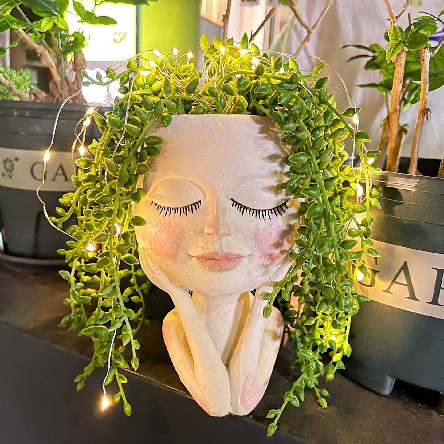 ASDFG Solar-Face Flower Pot Head Planter Pots - LED String Lights Warterproof Resin Succulent Cactus Planters Pots with Drainage Hole Cute Lady Closed Eyes Indoor Outdoor Garden Decor (Large)
