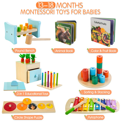 WOODMAM Wooden Montessori Toys for 1+ Year Old, 9 in 1 Learning Educational Toys for Toddler with Educational Box, Xylophone, Pound Bench, Shape Puzzle and More, Baby Toy Gift for 13-18 Months