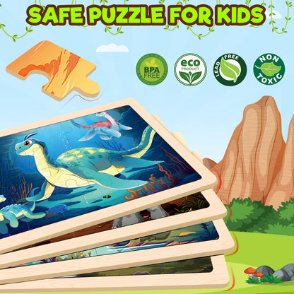Puzzles for Kids Ages 4-6, 4 Packs Wooden Dinosaur Puzzles for Toddlers Ages 3-5, Preschool Educational Dino Puzzles Boards Toys Gifts for 3 4 5 6 Boys Girls