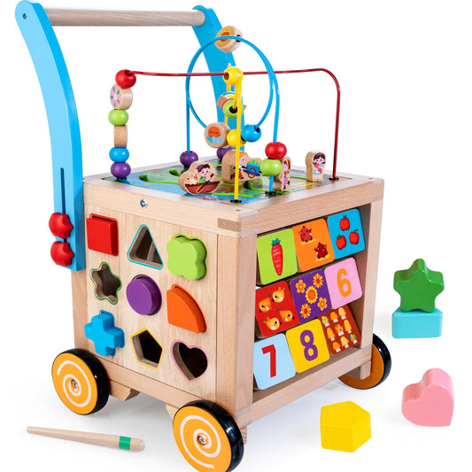 Wooden Baby Walker | Baby Push Walker with 9-in-1 Activity Cube, Sit to Stand Learning Walker Toy with Wheels for Boys Girls, Montessori Activity Center Walker, Adjustable Speed & Height