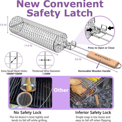 GAUYEBY Rolling Grill Basket, Grill Baskets for Outdoor Grill, REMOVABLE HANDLE, Anti-Scorch Stainless Steel BBQ Net Tube for Meat, Shrimp, Vegetables, Grill Accessories, Gifts for Dad, Husband (Round)