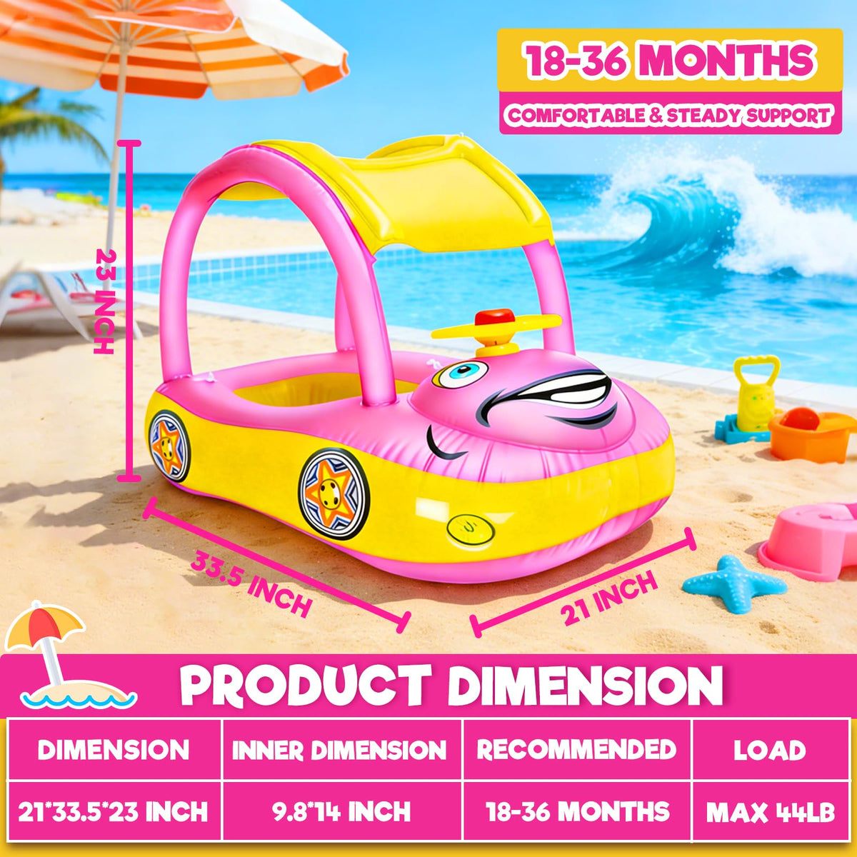 iGeeKid Inflatable Baby Pool Float with Canopy, Safty Seat for Infant Baby Swim Float Rings Car Shaped Swimming Pool Floaties for Babies Toddler Age of 18-36 Months (Pink)