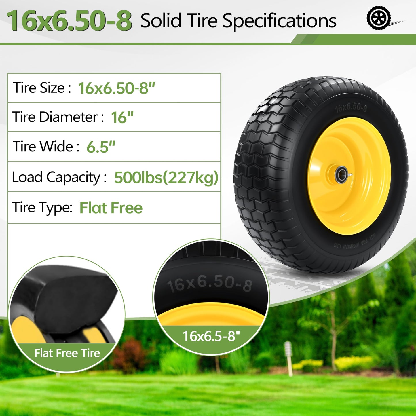 2 PCS 16x6.50-8 Flat Free Riding Lawn Mower Tire and Wheel with 1" Bushing, 3/4"Bearing，3"Offset Hub,Fit for Lawn Mowers and Garden Tractor, Solid Mower Wheel for Residential and Commercial 500 Lbs