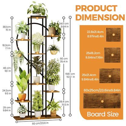 Plant Stand Indoor with Grow Lights - 62" Tall 8 Tier S-Shaped Corner Plant Shelf with 2 Hooks, Metal Flower Holder for Multiple Plants, Living Room Patio