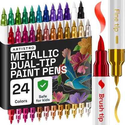 ARTISTRO 24 Metallic Acrylic Paint Markers - Paint Pens for Drawing, Brush + Fine Tips - For Fabric, Rock, Glass, Wood, DIY - Art & Craft Supplies for Adults, Teens, Kids - Teacher Appreciation Gift