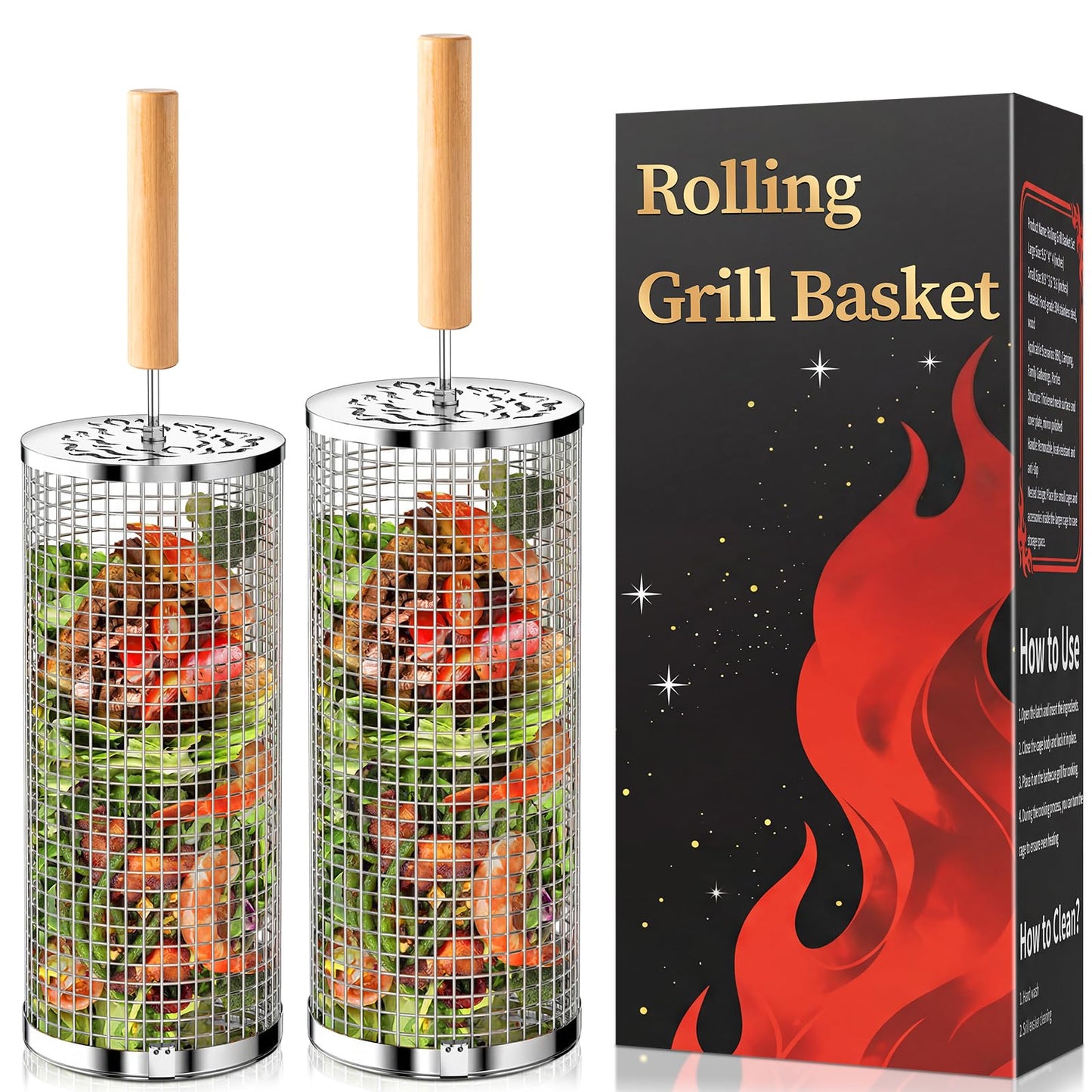 Rolling Grill Basket, Removable Wooden Handle, 304 Stainless Steel, Nesting BBQ Tools for Vegetable, Outdoor Smoker Camping Accessories, Father's Day Gifts Birthday Gift for Men Dad Husband