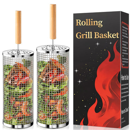 Rolling Grill Basket, Removable Wooden Handle, 304 Stainless Steel, Nesting BBQ Tools for Vegetable, Outdoor Smoker Camping Accessories, Father's Day Gifts Birthday Gift for Men Dad Husband
