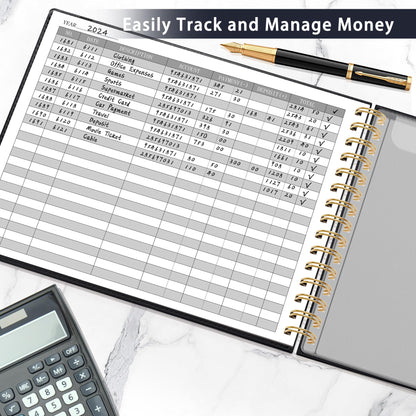 HAUTOCO Hardcover Accounting Ledger Book for Small Business Bookkeeping Horizontal Money Expense Tracker Notebook with 2 Storage Pouch, Personal Columnar Log Journal 10.78 x 8'', Black