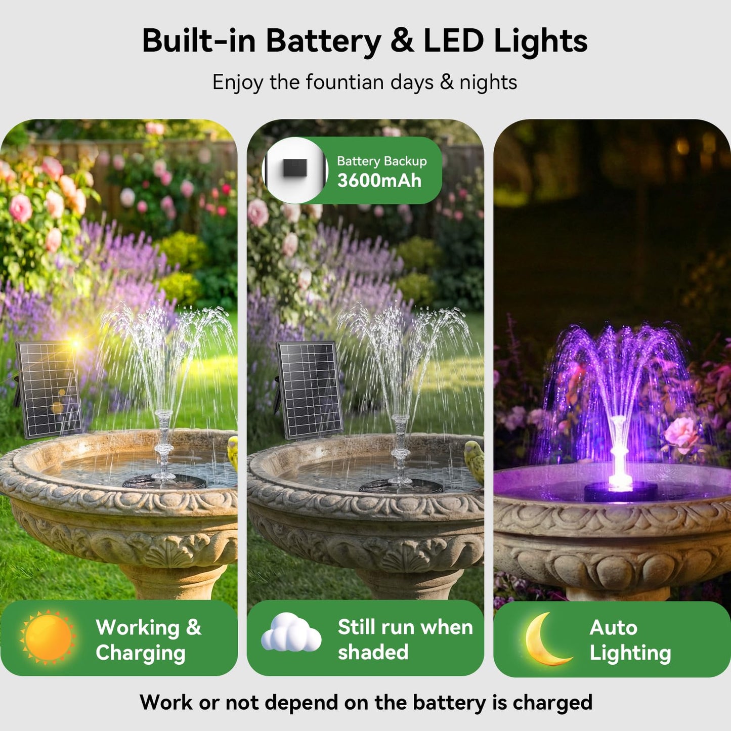 Antfraer 8W Solar Fountain Pump Built-in 3600mAh Battery & LED Lights, Solar Powered Water Pump with Double-Layer Nozzle & 5ft Tubing, Solar Water Fountain For Bird Bath Pond Garden DIY Water Features