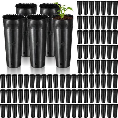 Ferrochef 100 Pack Tall Tree Pot 11.8'' x 4.7'', Black Plastic Deep Nursery Pots, Soft Deep Seedling Pots for Seed Starting, Plant Starter Cups with Drainage Holes for Flowers, Cutting & Transplanting