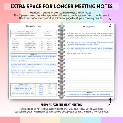 Meeting Minutes Note Taking Professional Notebook | Plan, Record and Track Actions from all your Important Meetings - A5 Pastel Rainbow