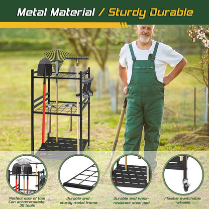 THESEATOP Garden Tool Organizer, 3-Tier Yard Tool Storage Rack with 35 Slots & 3 Hooks, Heavy Duty Garage Organizer for Shovels, Rakes & Brooms (33.6" x 11.5" x 17")