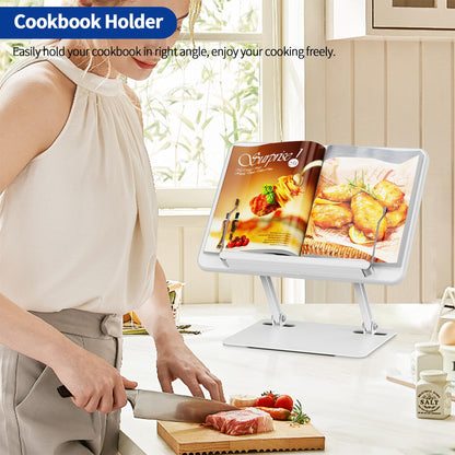 BESIGN BS01 Book Stand for Reading, Adjustable Book Holder, Ergonomic Laptop Stand with Elastic Page Clips for Music Scores, Recipe, Tablet, Laptop (White)