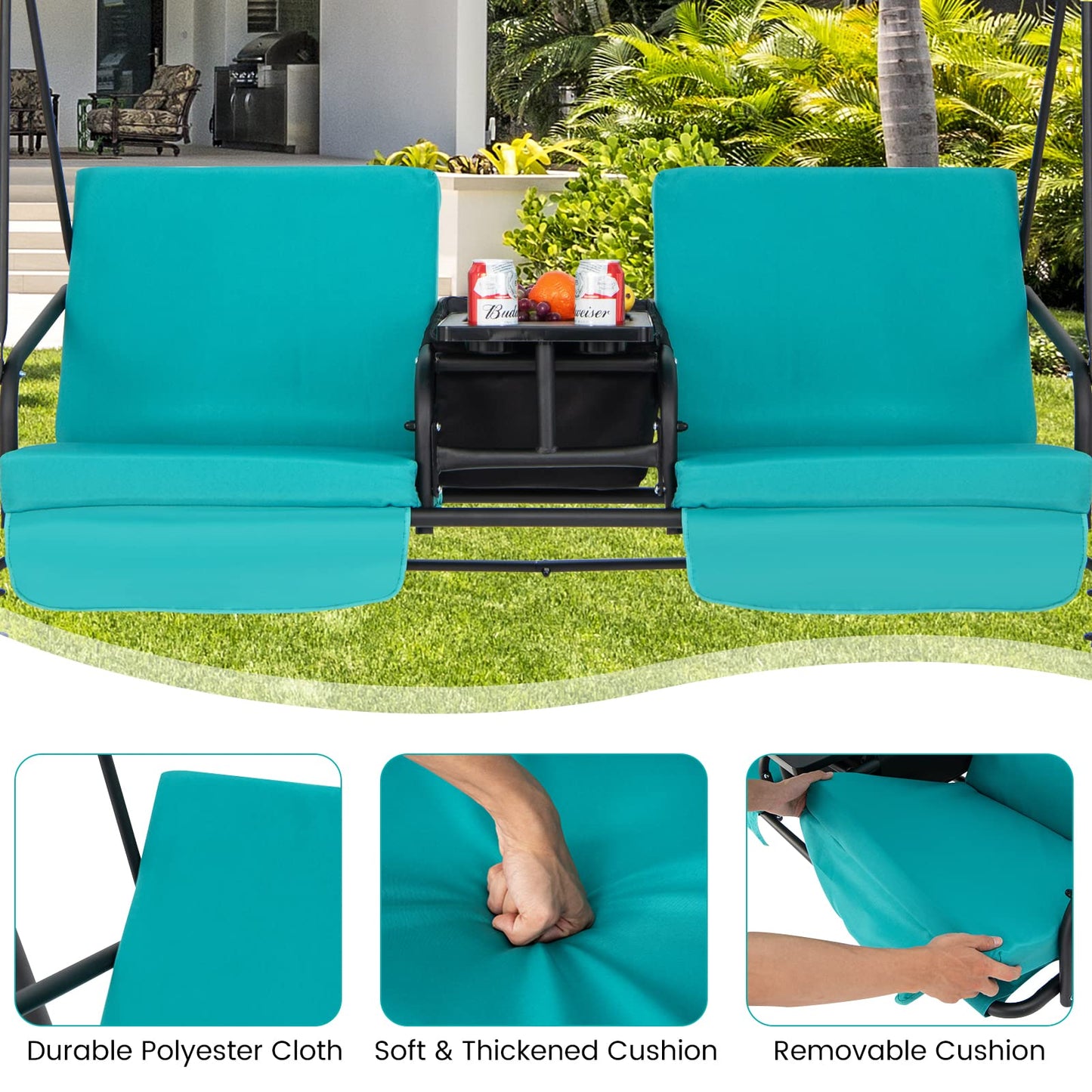 Tangkula 2 Person Porch Swing, Pivot Storage Table, Cooler Bag, 2 Cup Holders, Removable Cushions, Outdoor Patio Swing with Canopy for Backyard Balcony Poolside (Turquoise)