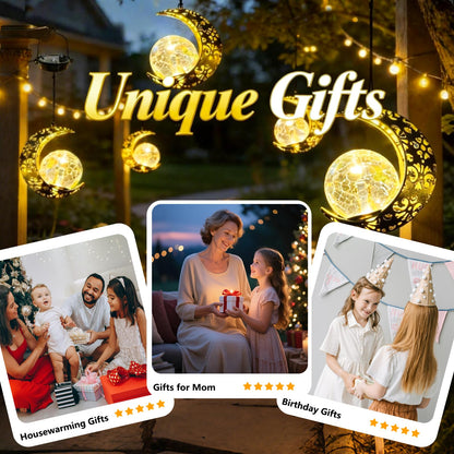 Amugmilk Hanging Solar Lights Outdoor Lanterns Garden Decorations, 2 Pack Moon Lights with Cracked Glass Globes Outside Decor for Backyard Balcony Patio Tree ,Unique Mother's Day Gifts for Women Mom