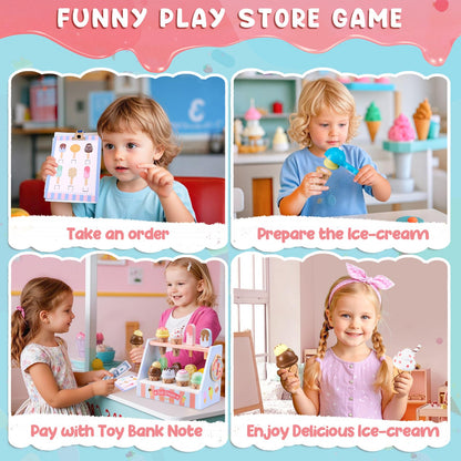Ehome Wooden Ice Cream Toys Set Pretend Play Food Store for Kids Serve Ice Cream Counter Shop Kitchen Playset with Lucky Wheel, Scoop, Menu, Fake Money for Boys and Girls Ages 3 4 5 6 Birthday Gift