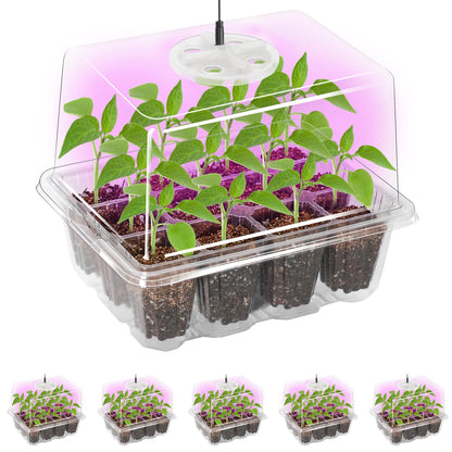 Bonviee 5 Packs Seed Starter Tray with Grow Light, Elevated Seedling Starter Trays Kits with Adjustable Humidity Domes and Clear Cell Tray, 12 Full Spectrum led lamp Beads for Plants Indoor-Clear