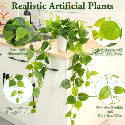 Waipfaru Artificial Plants Indoor, 2Pcs 34" Realistic Fake Pothos Hanging Plants Silk Vines Ivy Potted, Fake Pothos for Living Room Office Bedroom Bathroom Kitchen Shelves Indoor Home Decor
