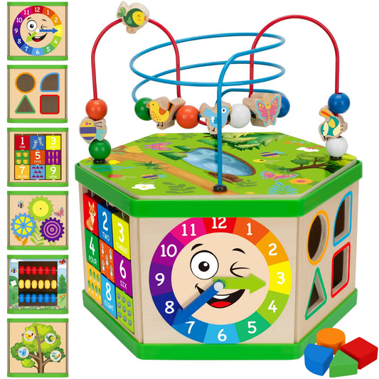 Wooden Activity Cube for 12-18 Month, 1 Year old Boys & Girls, 7-in-1 STEM Montessori Early Developmental Learning Toys for Kids Aged 1-2, Ideal 1st Birthday Gift Toys for Baby, Toddlers (Pink)