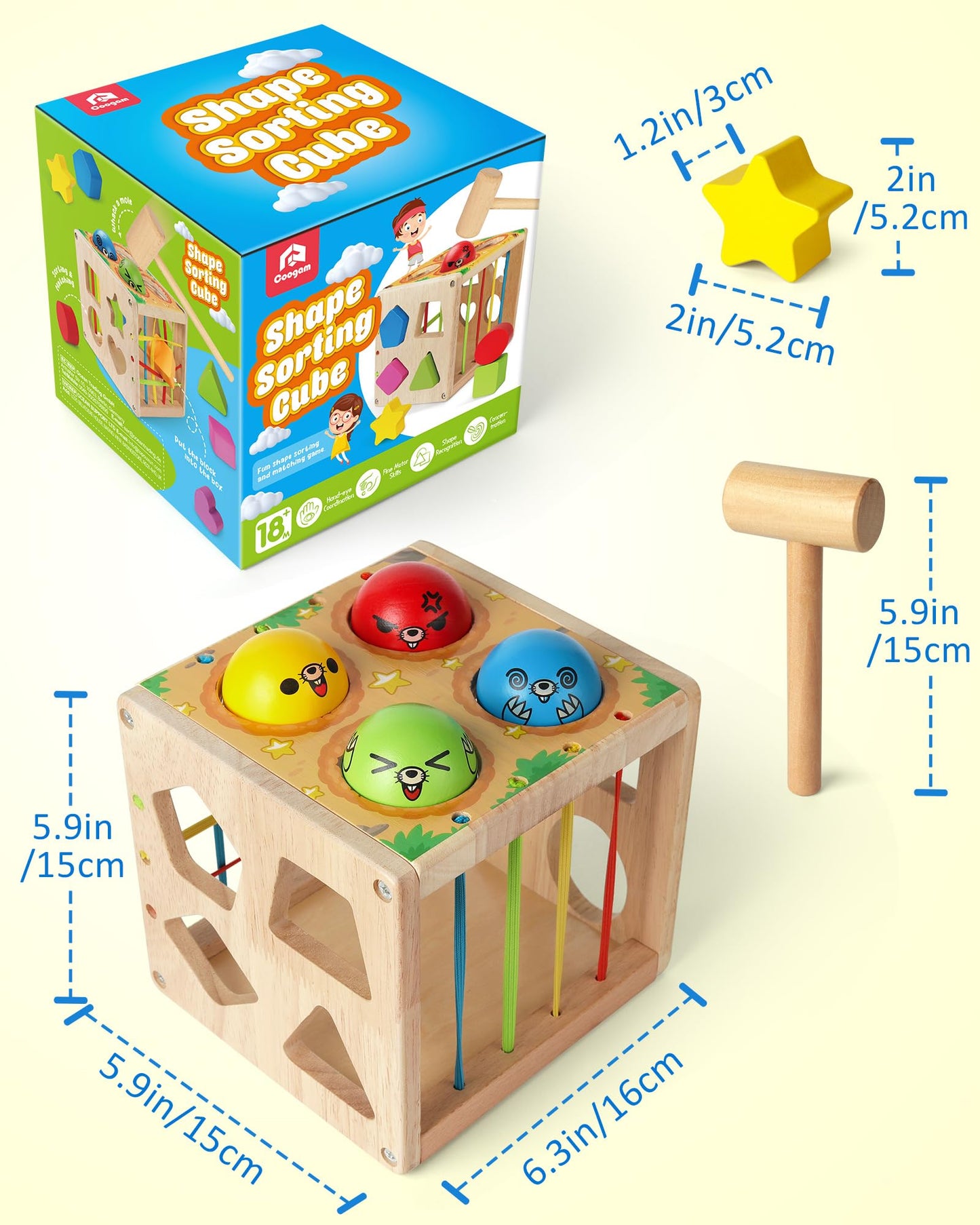 Coogam Wooden Montessori Toys for Toddlers, Shape Sorting Cube Fine Motor Skills Game for Year Old 18 Month+ Baby Boys Girls Gift