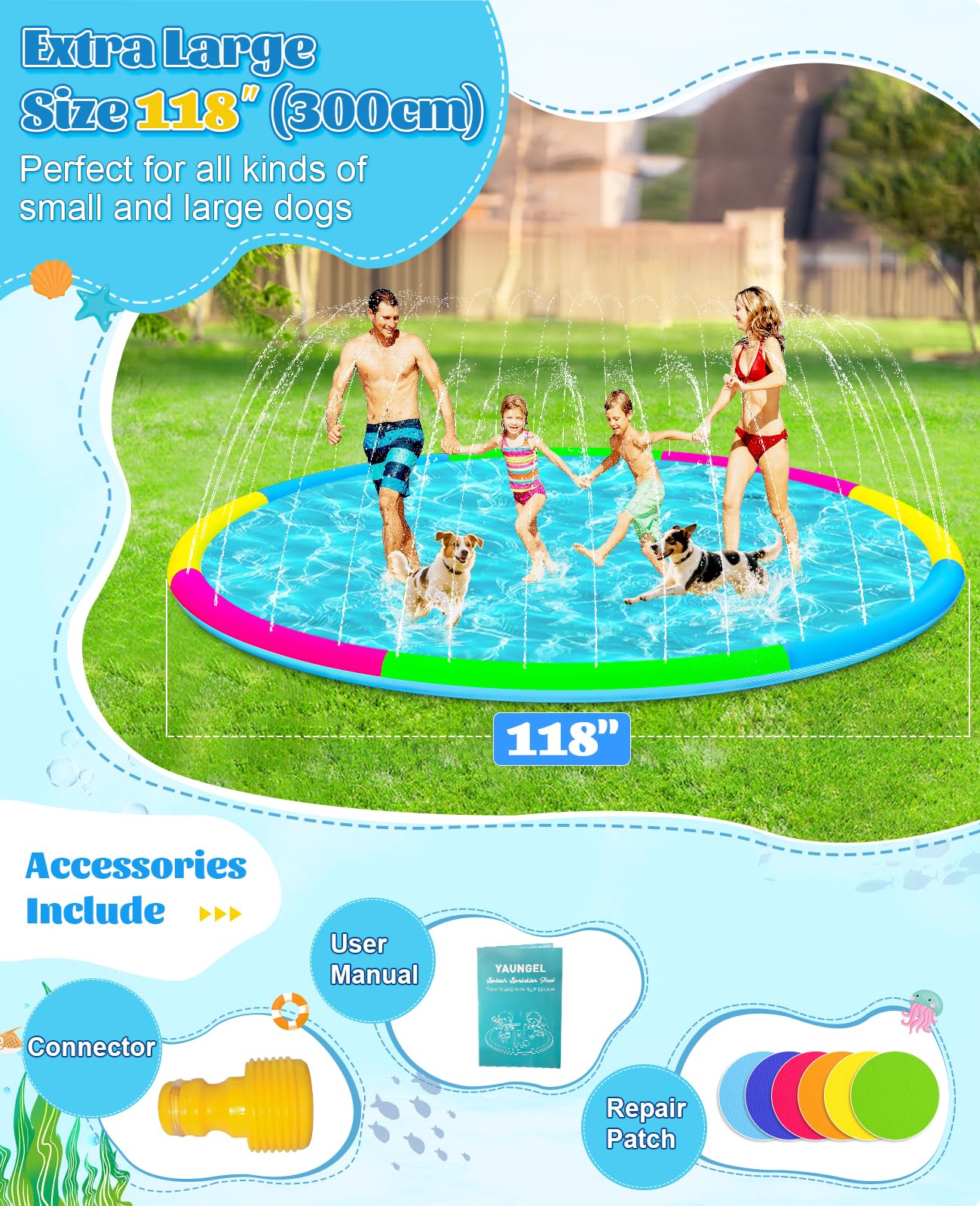 118" Extra Large Splash Pad - Non-Slip Splash Pad for Kids and Dogs Thickened Dog Pool with Sprinkler Outdoor Water Toys Giant Fountain Play Mat for Toddlers Children Adults Pets