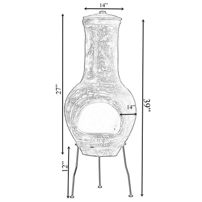 Gray Outdoor Clay Chiminea Fireplace Stoney Scribbled Design Charcoal Burning Fire Pit with Sturdy Metal Stand, Barbecue, Cocktail Party, Family Gathering, Cozy Nights Fire Pit