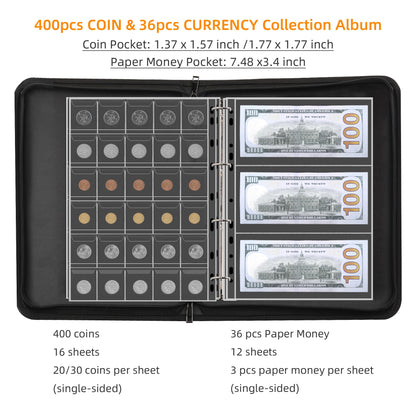 Coin Collection Album Holder for Collectors, 400 Pockets Fireproof Coin Collection Book & 36 Paper Money Organizer Binder for Coin Currency Collection Supplies,Pennies,Bill,Tokens,Badges